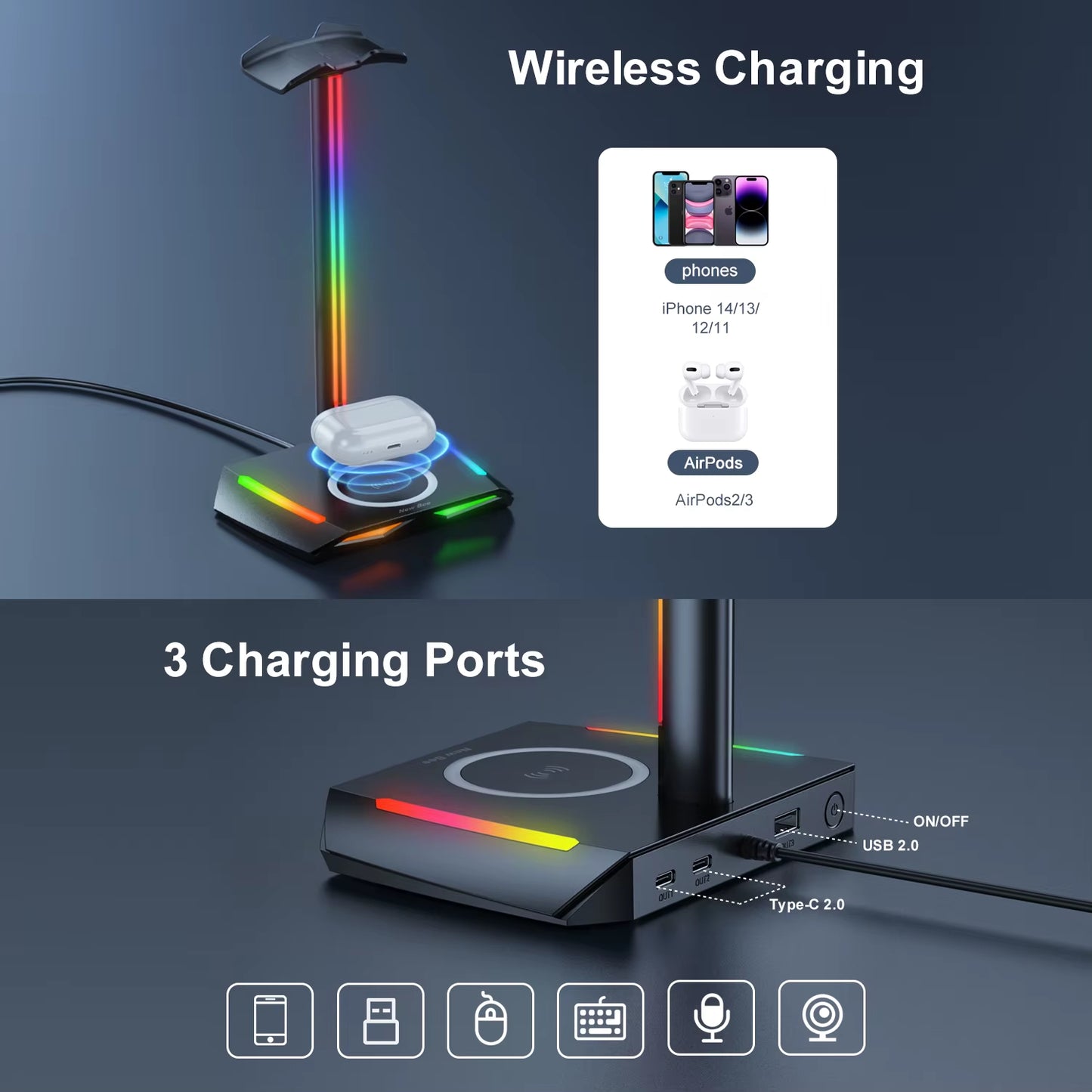 Z12 RGB Headphones Stand Holder with Wireless Charger Base Desk Gaming Headset Holder Non-Slip Rubber Base