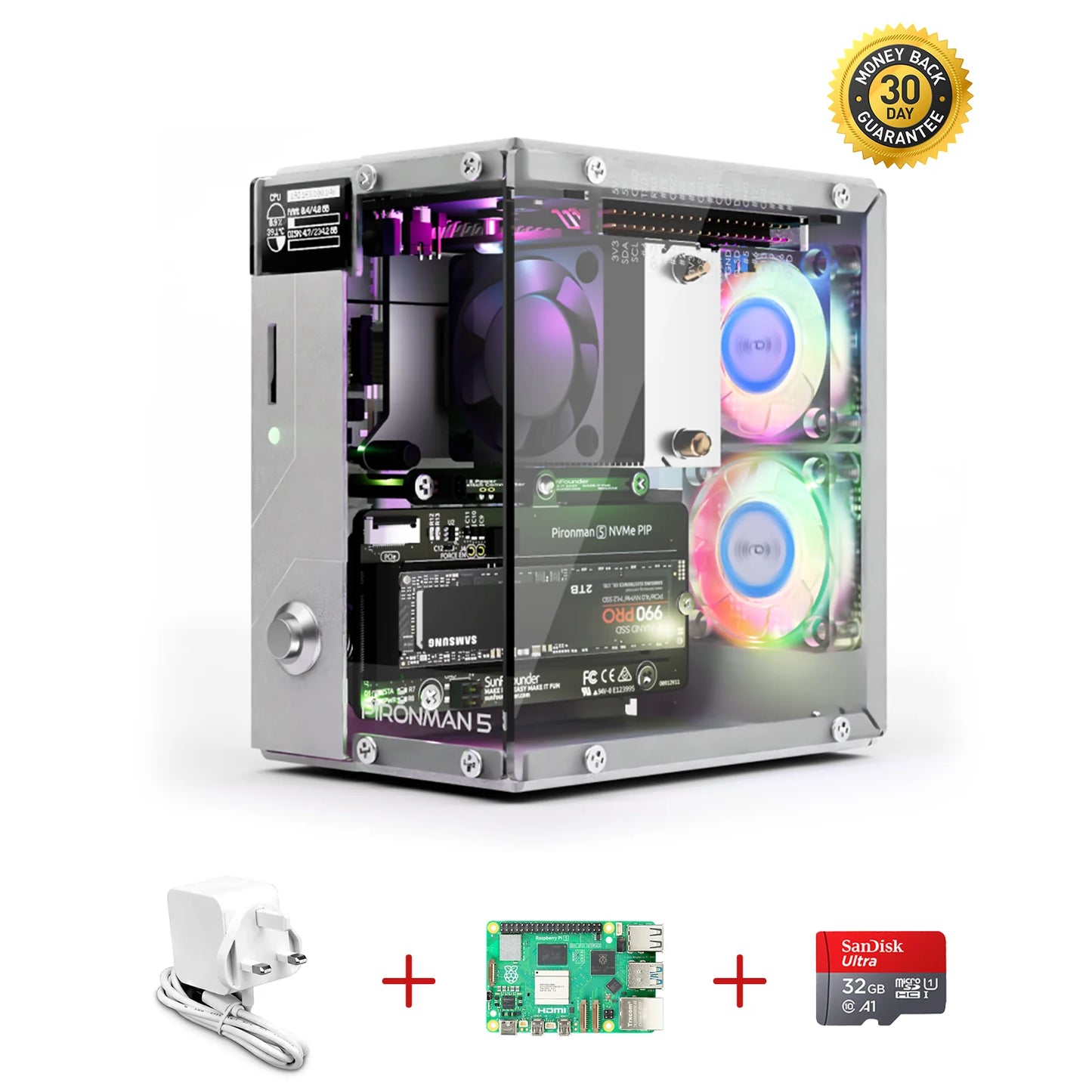 Pironman 5 Nvme M.2 SSD Pcie Mini PC Case for Raspberry Pi 5 Hailo-8L AI Accelerator with Tower Cooler+Dual RGB Fans