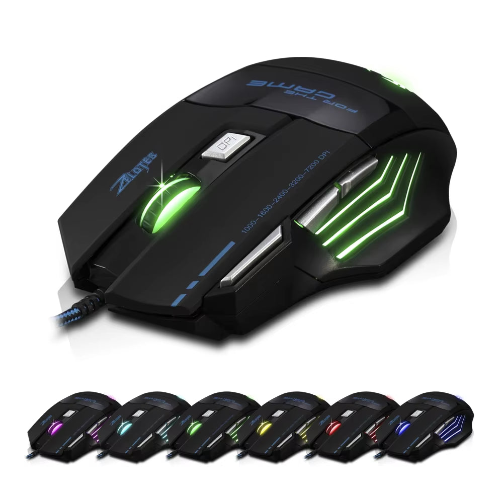 T-80 Professional Gaming Mouse with 7200 DPI, Multi-Color LED Backlight, and 7 Programmable Buttons - USB Wired Design for Competitive Gamers