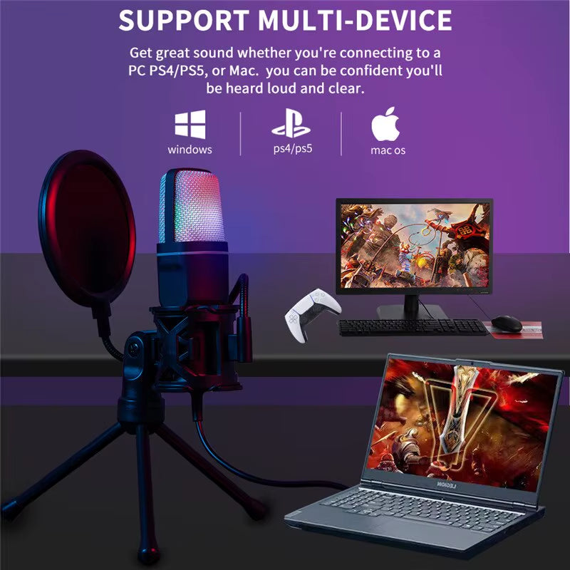 Professional USB Condenser Microphone with RGB Lighting for Podcasting, Streaming, and Gaming on Laptop and Desktop PCs