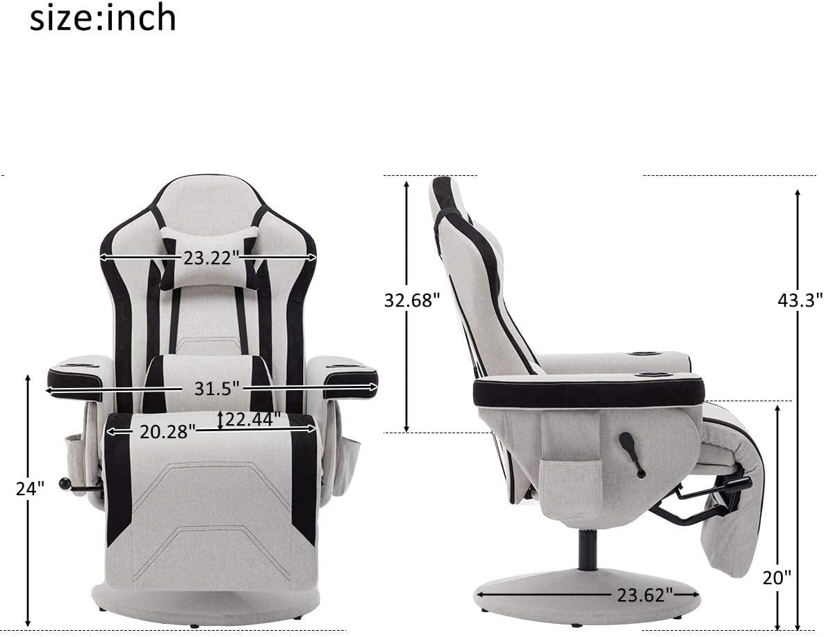 Ergonomic Gaming Chair with Adjustable Massage Lumbar Support and Headrest, Grey with Footrest