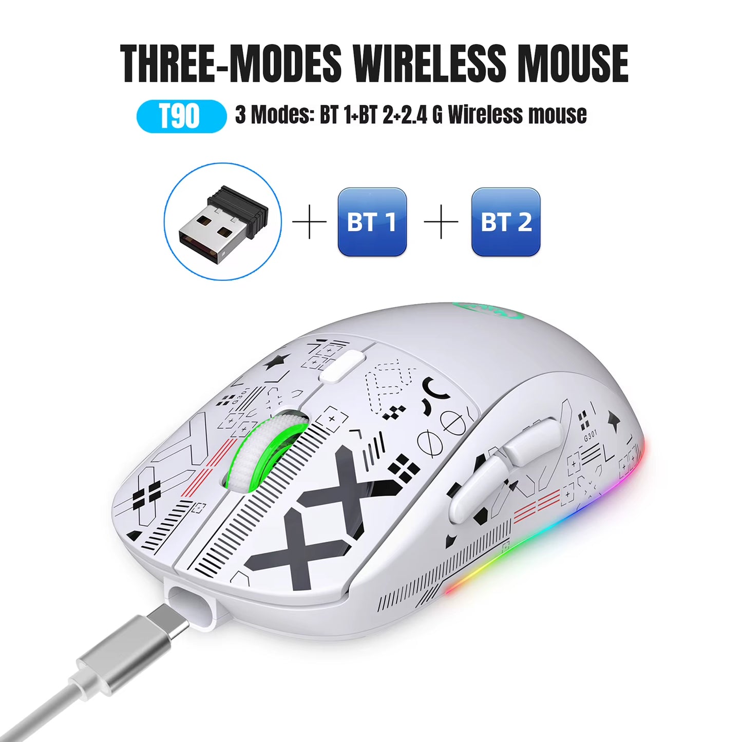 T90 2.4G Wireless Ergonomic Mechanical Gaming Mouse with RGB Lighting, 3600 DPI, and 10 Million Keystroke Durability