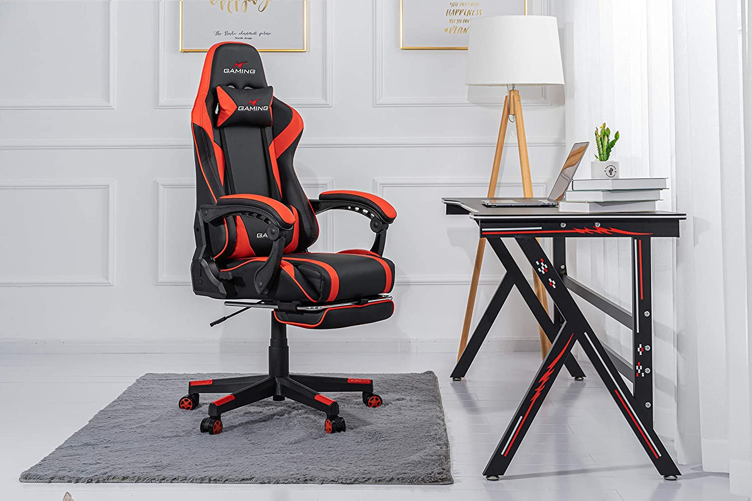 Ergonomic High-Back Swivel Gaming Chair in PU Leather with Headrest, Lumbar Support, Adjustable Armrests, and Retractable Footrest (Commodore - Black/Red)