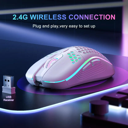 2.4GHz Wireless Gaming Mouse with RGB Lighting, Adjustable DPI, and Ergonomic Honeycomb Design for Desktop and Laptop Use