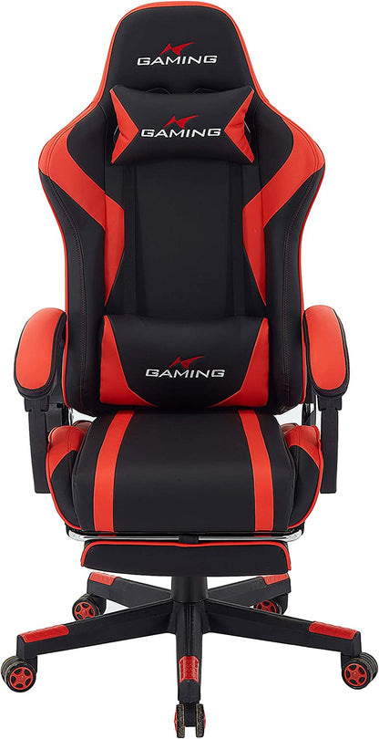 Ergonomic High-Back Swivel Gaming Chair in PU Leather with Headrest, Lumbar Support, Adjustable Armrests, and Retractable Footrest (Commodore - Black/Red)