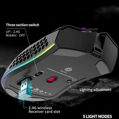 BM600 Rechargeable Wireless Gaming Mouse with RGB Lighting - USB 2.4G Honeycomb Design for Desktop and Laptop Use