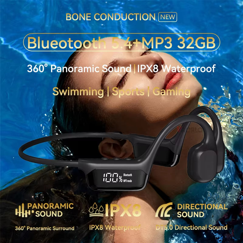 Bone Conduction Headphones Bluetooth 5.4 Wireless Earphone IPX8 Waterproof for Swimming Sports Support MP3 Player with 32G RAM