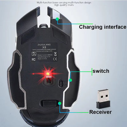 Rechargeable X8 Wireless Ergonomic Gaming Mouse with Silent LED Backlighting and USB Optical Sensor