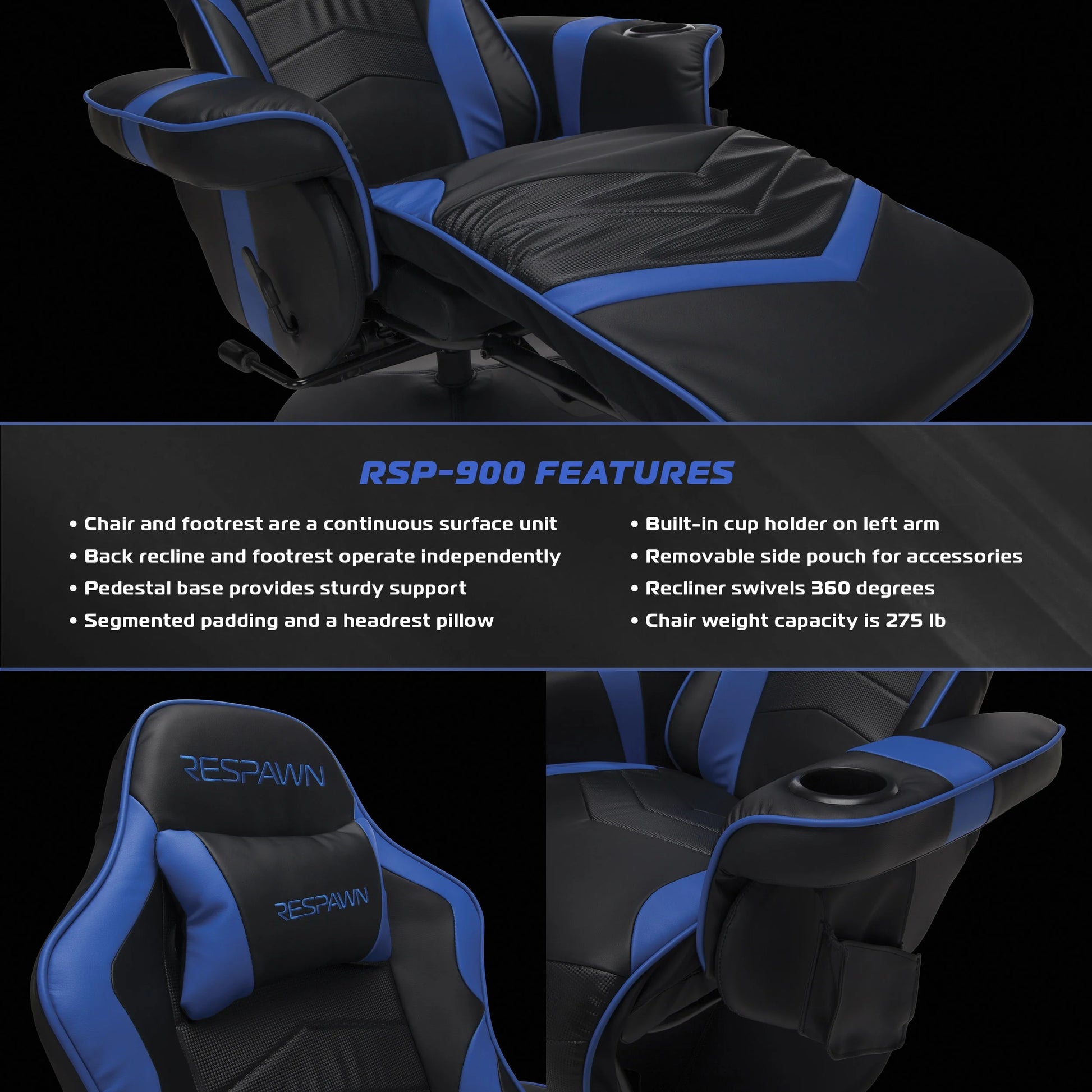 900 Gaming Recliner - Video Games Console Recliner Chair, Computer Recliner, Adjustable Leg Rest and Recline, Recliner with Cupholder, Reclining Gaming Chair with Footrest - Blue