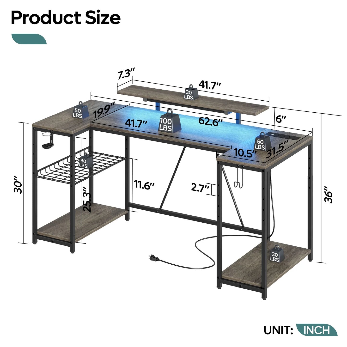 63" Gaming Desk with LED Lights, U-Shaped Computer Desk with Outlets & Monitor Stand, Home Office Desk with Storage Shelves in Grey