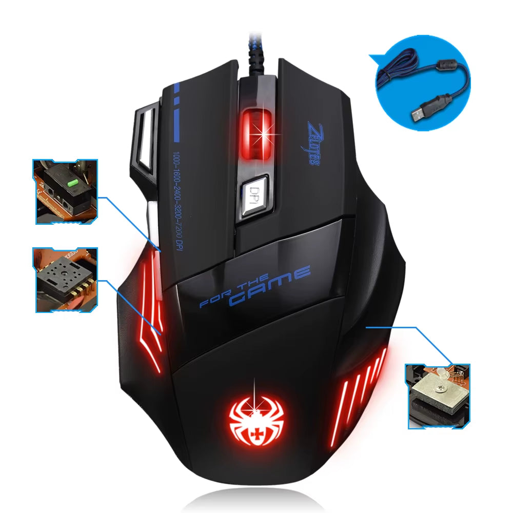 T-80 Professional Gaming Mouse with 7200 DPI, Multi-Color LED Backlight, and 7 Programmable Buttons - USB Wired Design for Competitive Gamers