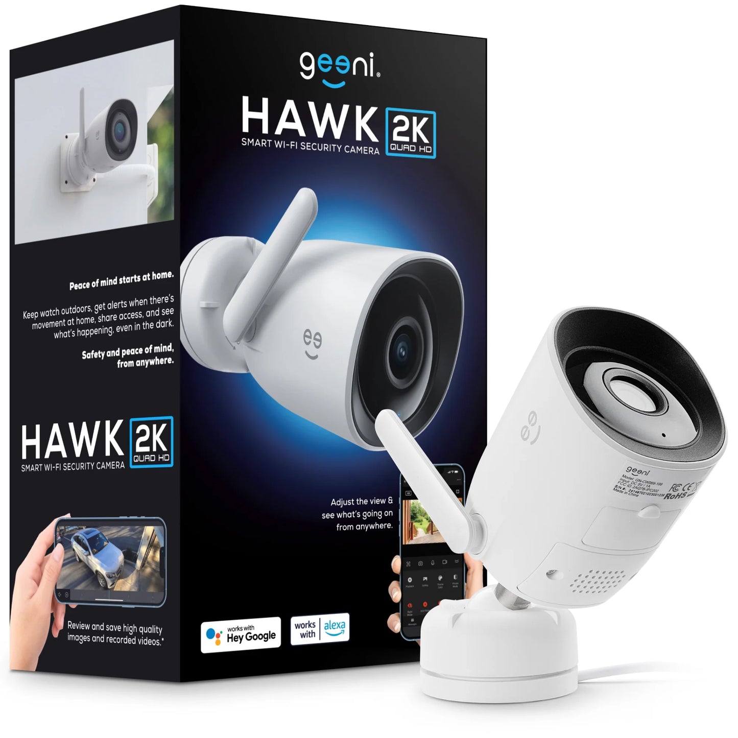 Hawk HD 2K Outdoor Security Camera | IP66 Weatherproof Wifi Surveillance with Night Vision, 2-Way Audio, and Motion Detection | Works with Alexa and Google Home…