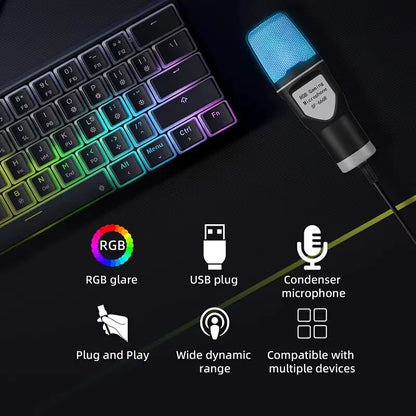 Portable USB Condenser Microphone with RGB Lighting for Gaming, Podcasting, and Streaming on Laptops and Desktops