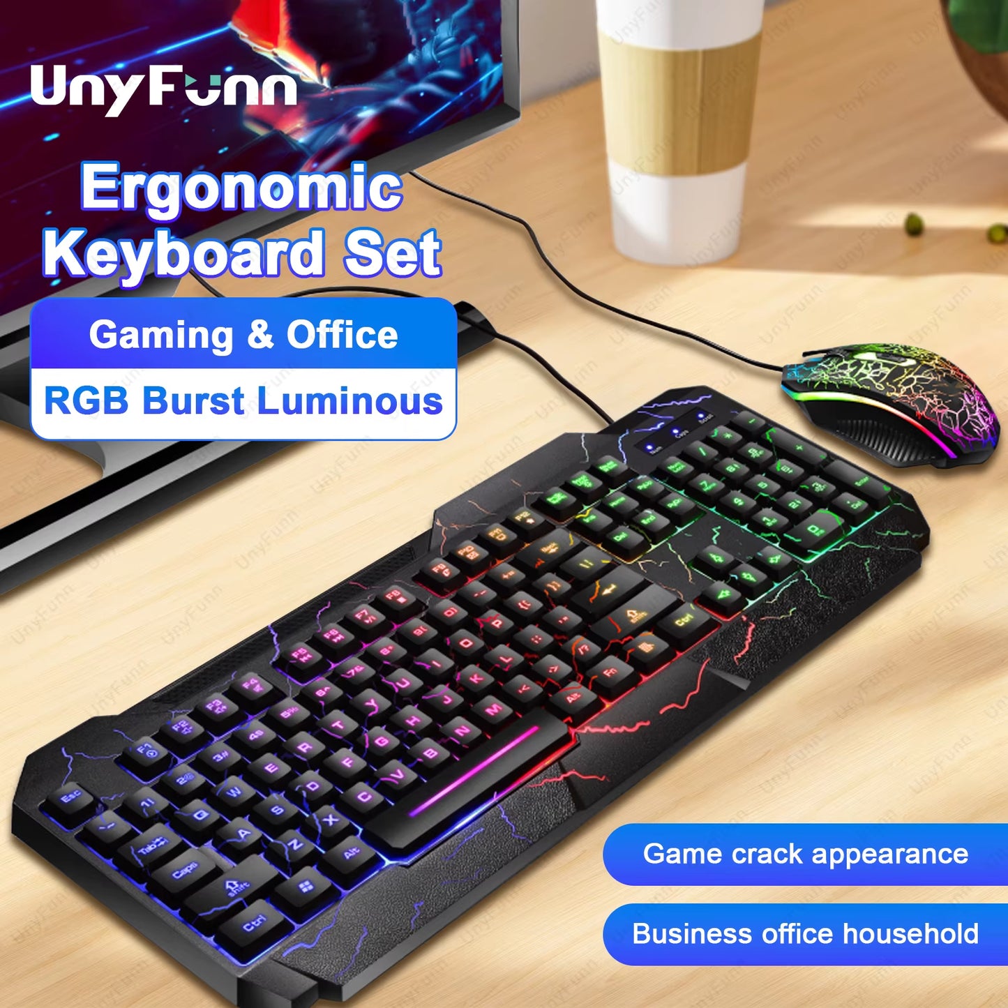 Ergonomic Gaming Keyboard and Mouse Set with Rainbow Backlight and Membrane Feel