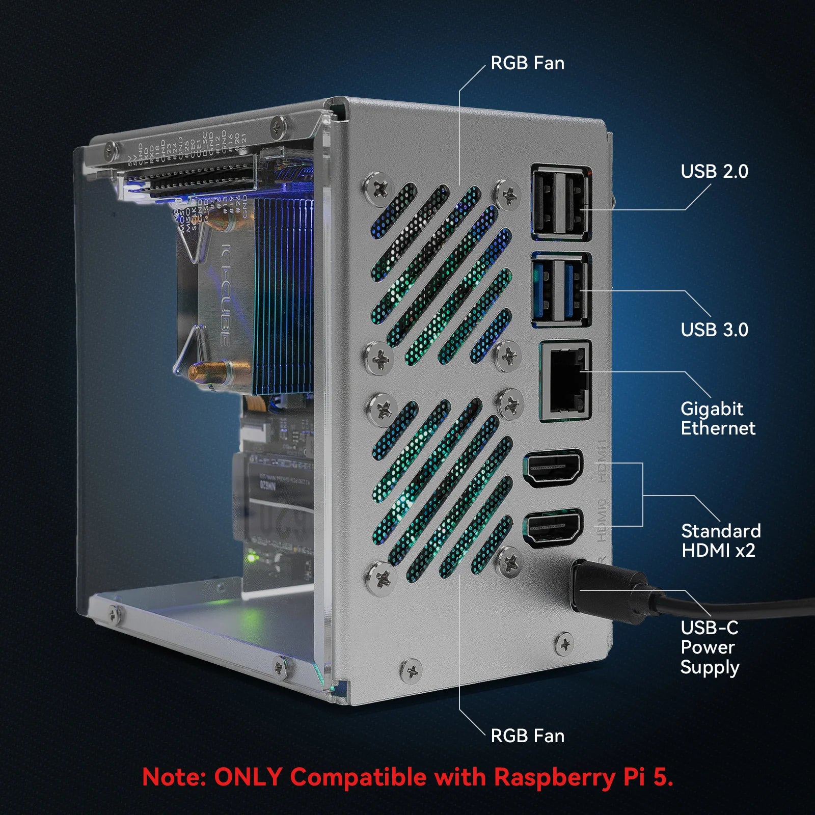 Pironman 5 Nvme M.2 SSD Pcie Mini PC Case for Raspberry Pi 5 Hailo-8L AI Accelerator with Tower Cooler+Dual RGB Fans