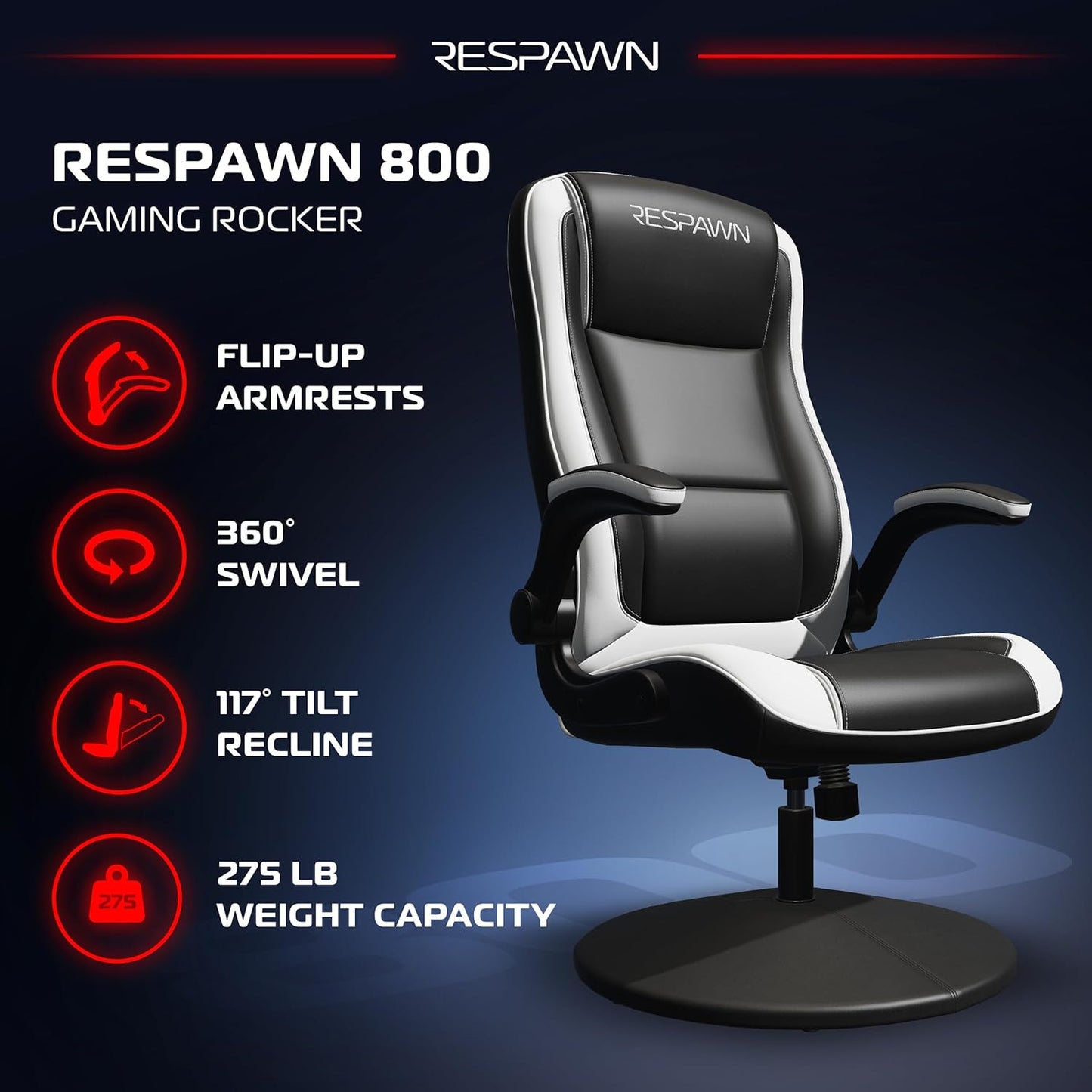 800 Racing-Inspired Gaming Rocker Chair, White RSP 800 BLK WHT