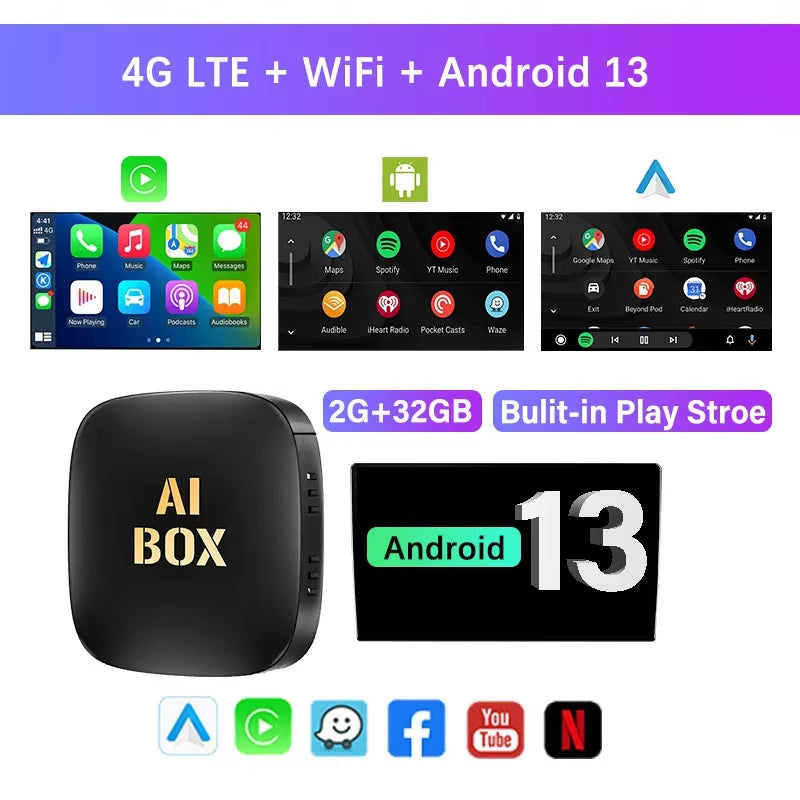 Android 13 Ai Box Wired to Wireless Carplay Android Auto Adapter Wifi for Youtube Nexflit Cars Smart Ai Box Bulit in Play Stroe