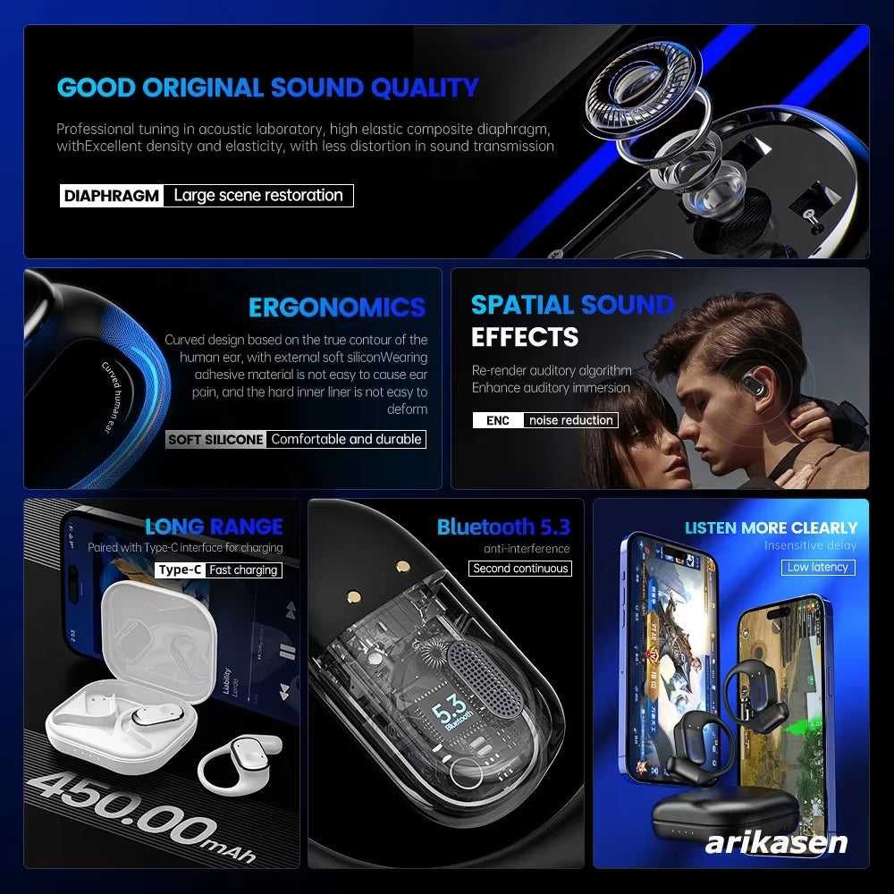 Open-Ear Headphones with Stable Comfort & Hi-Res Sound Pure Bass Boost Bluetooth 5.3 Earbuds OWS Wireless Headphones for Sports