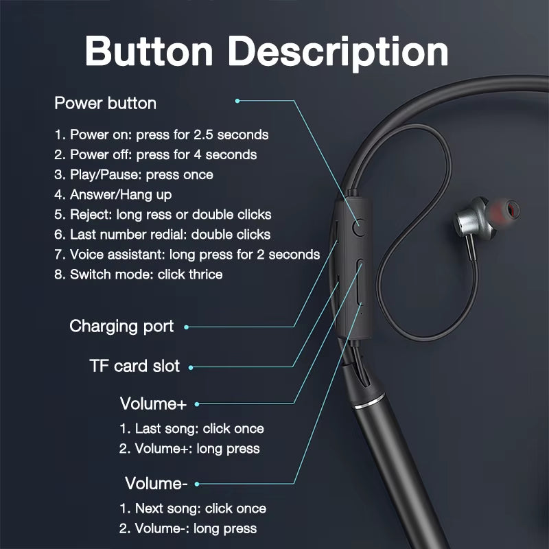 180 Hour Endurance Bluetooth Headphone Bass Wireless Headphones with Mic Stereo Neckband Earphones Sport Headset TF Card