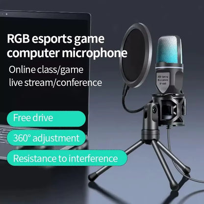 Portable USB Condenser Microphone with RGB Lighting for Gaming, Podcasting, and Streaming on Laptops and Desktops