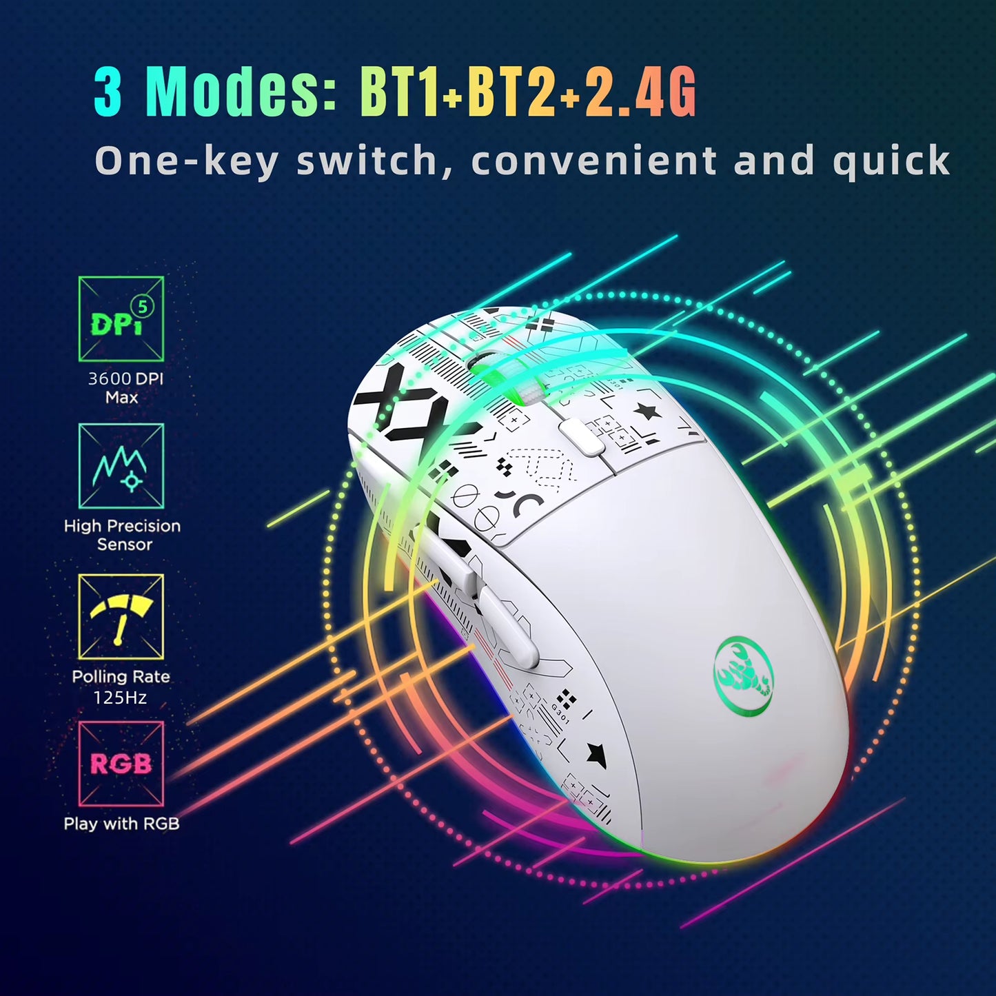 T90 2.4G Wireless Ergonomic Mechanical Gaming Mouse with RGB Lighting, 3600 DPI, and 10 Million Keystroke Durability