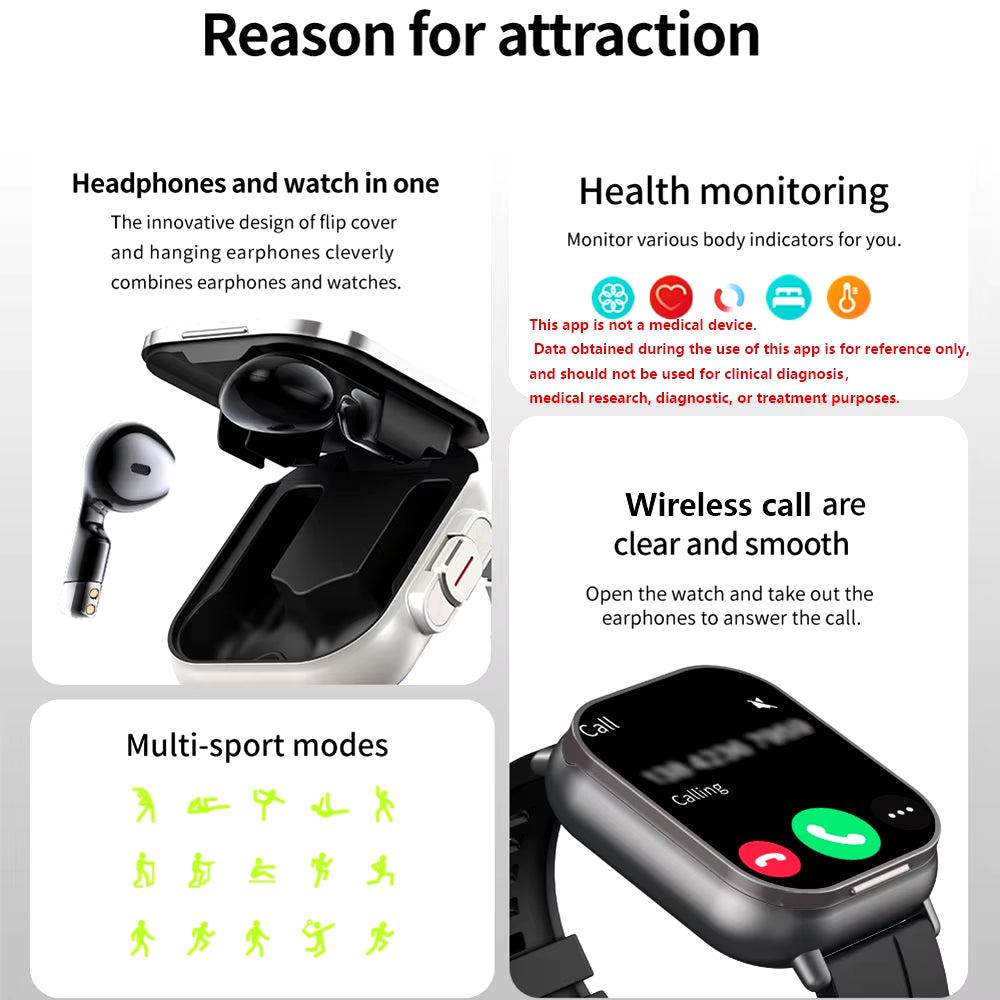 GPS Smart Watch TWS 2-In-1 Headset Bluetooth Call Heart Rate Blood Pressure Health Monitoring Headphones Play Music Smartwatch