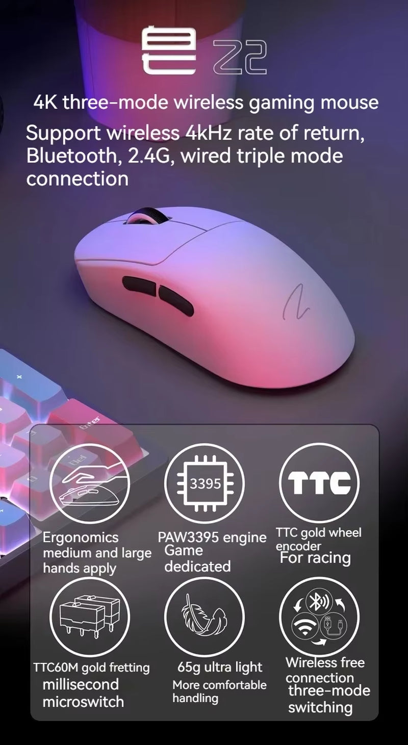 Original Zaopin Z2 Wireless Mouse 3Mode Bluetooth Paw3395 Ergonomics Lightweight Esports Laptop Office Gamer PC Gaming Mouse