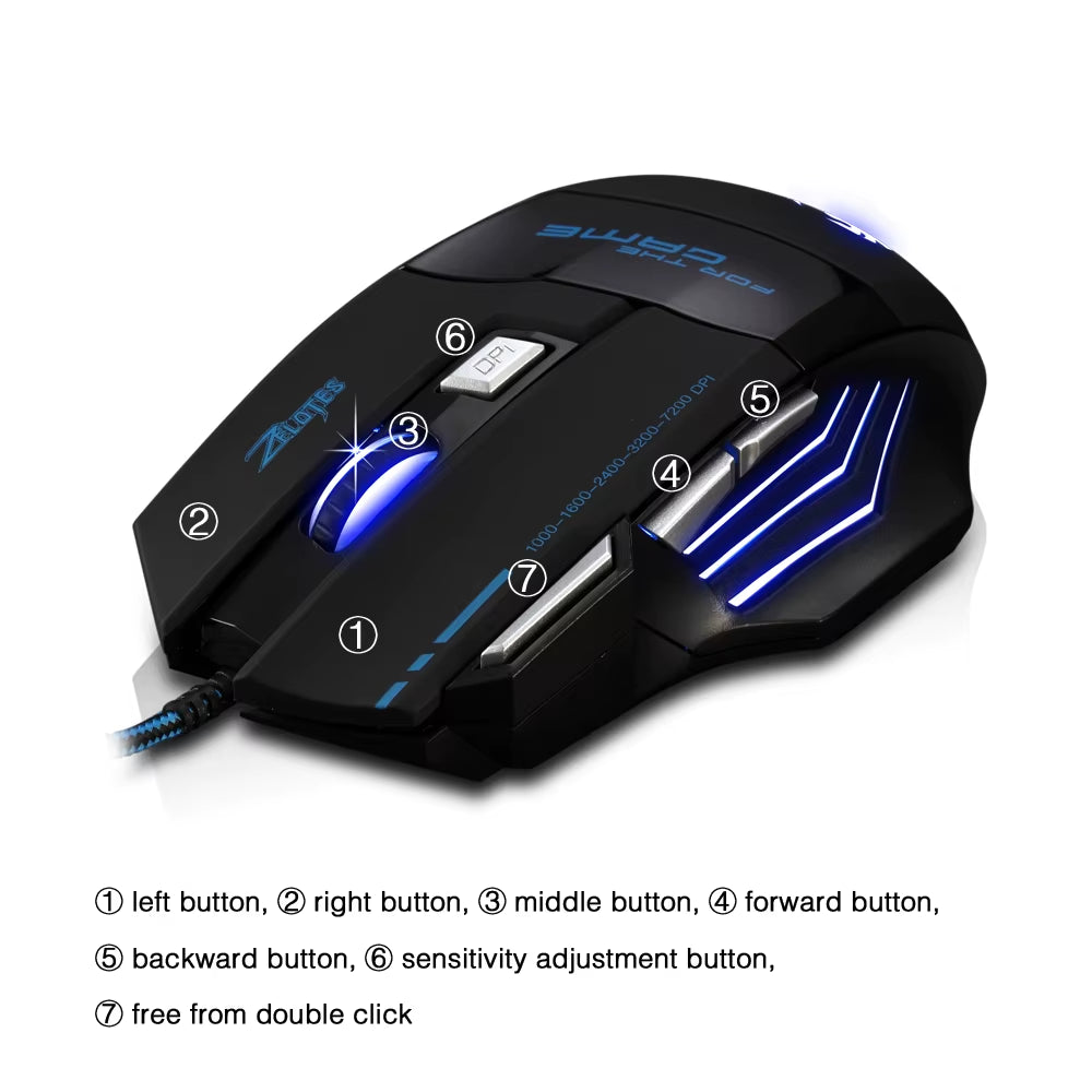 T-80 Professional Gaming Mouse with 7200 DPI, Multi-Color LED Backlight, and 7 Programmable Buttons - USB Wired Design for Competitive Gamers