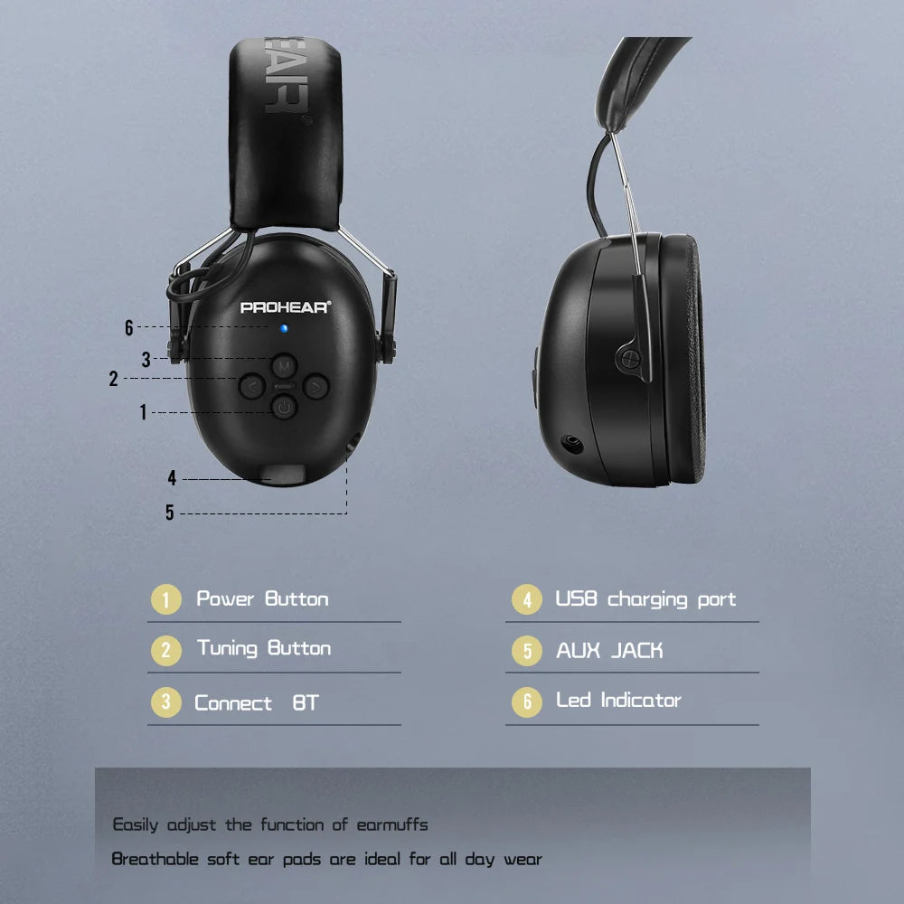 Electronic Headphone 5.0 Bluetooth Earmuffs Hearing Protection Headphones for Music Safety Noise Reduction Charging