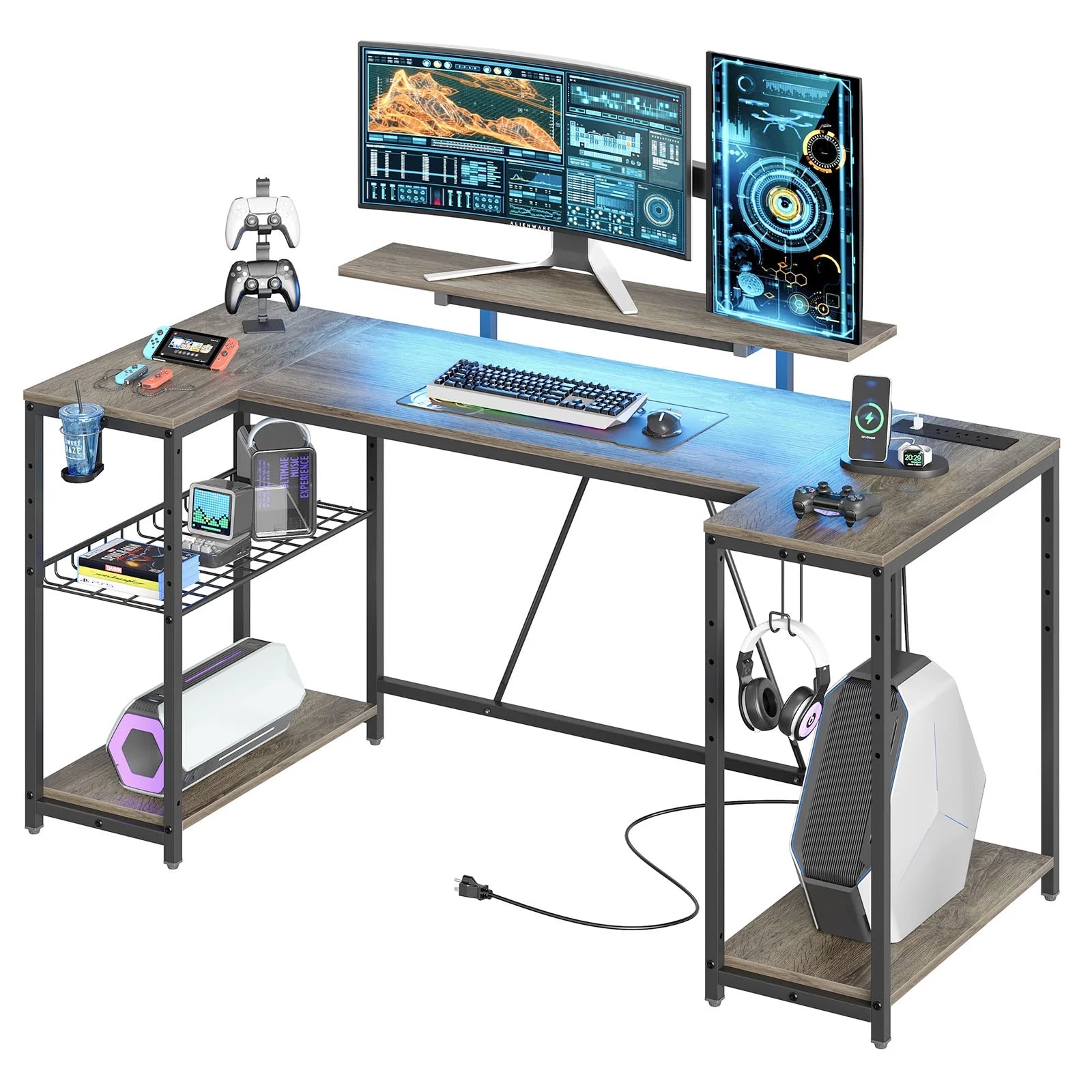 63" Gaming Desk with LED Lights, U-Shaped Computer Desk with Outlets & Monitor Stand, Home Office Desk with Storage Shelves in Grey