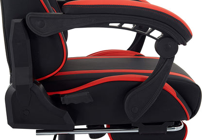 Ergonomic High-Back Swivel Gaming Chair in PU Leather with Headrest, Lumbar Support, Adjustable Armrests, and Retractable Footrest (Commodore - Black/Red)