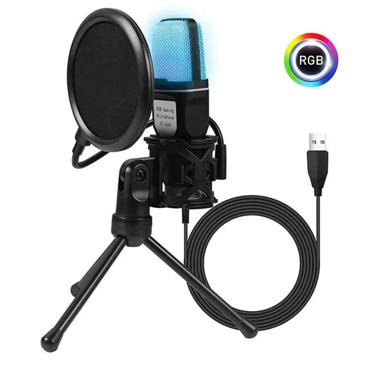 Portable USB Condenser Microphone with RGB Lighting for Gaming, Podcasting, and Streaming on Laptops and Desktops