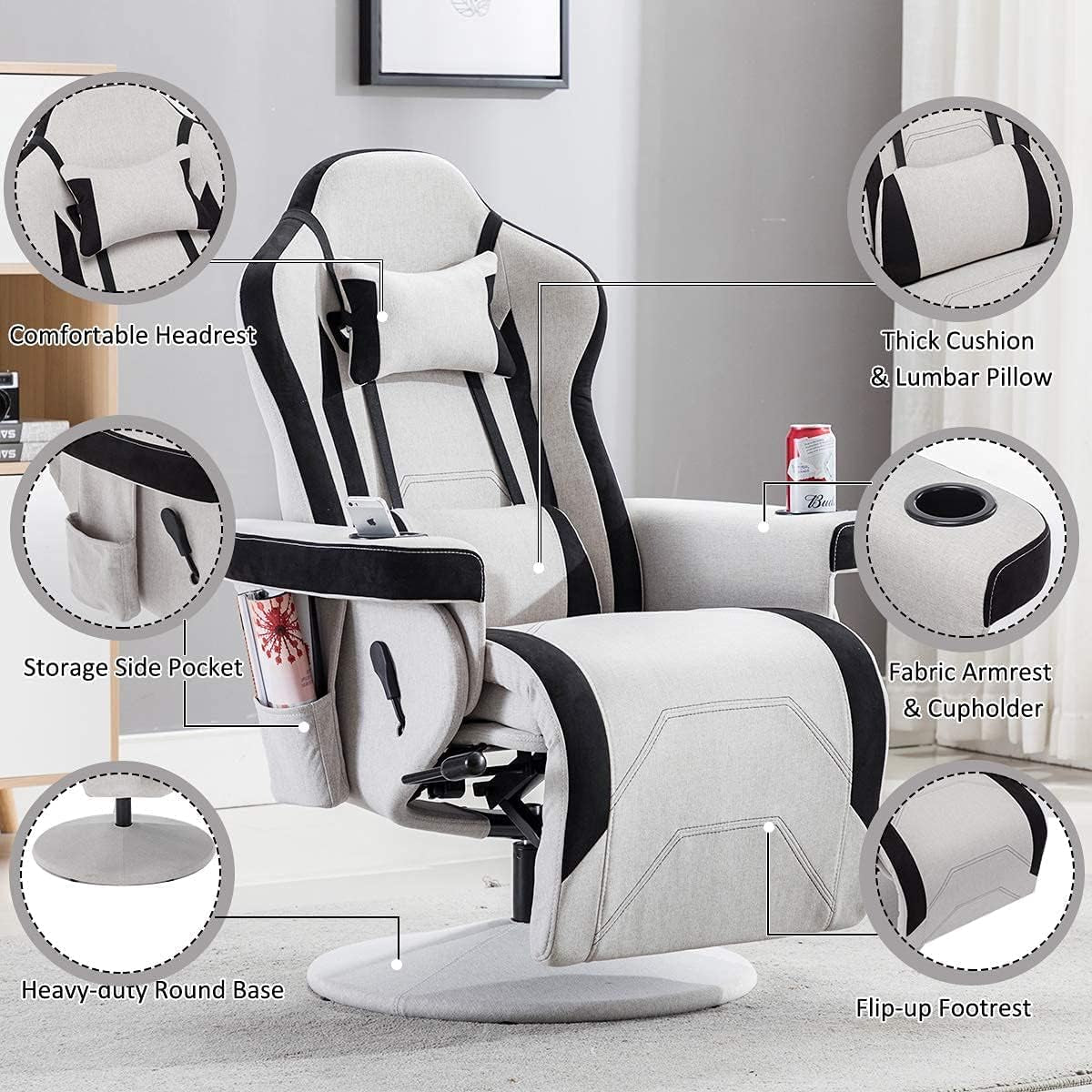 Ergonomic Gaming Chair with Adjustable Massage Lumbar Support and Headrest, Grey with Footrest