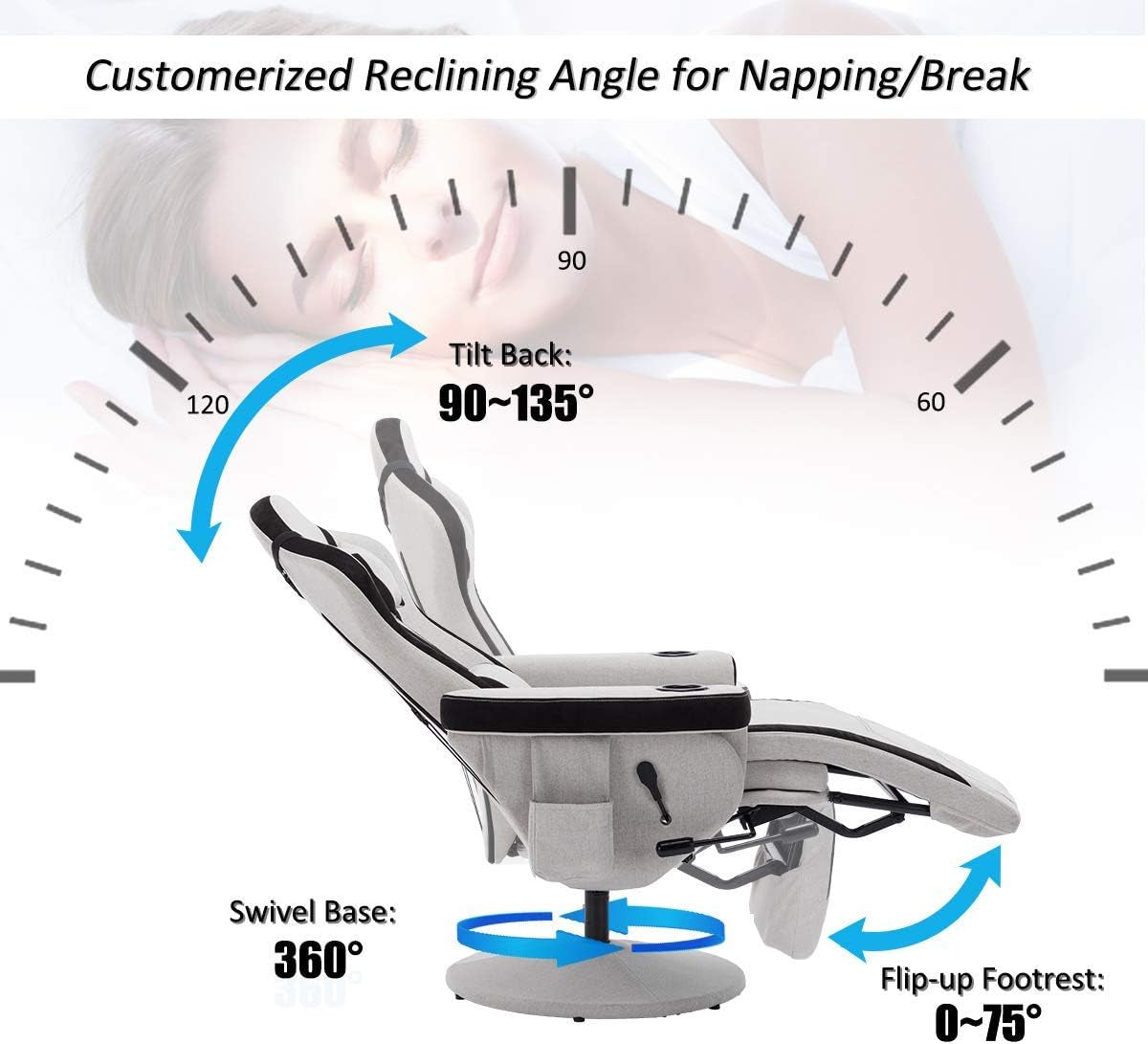 Ergonomic Gaming Chair with Adjustable Massage Lumbar Support and Headrest, Grey with Footrest