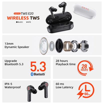 E20 Wireless Headphones, TWS Bluetooth 5.3,HD Microphone,Hifi Earphones,13Mm Driver,68Ms Low Latency,4 Mics, ENC Call, New