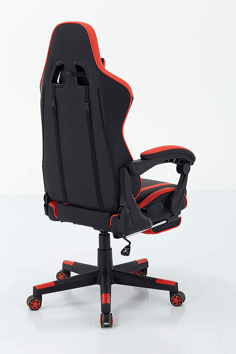 Ergonomic High-Back Swivel Gaming Chair in PU Leather with Headrest, Lumbar Support, Adjustable Armrests, and Retractable Footrest (Commodore - Black/Red)