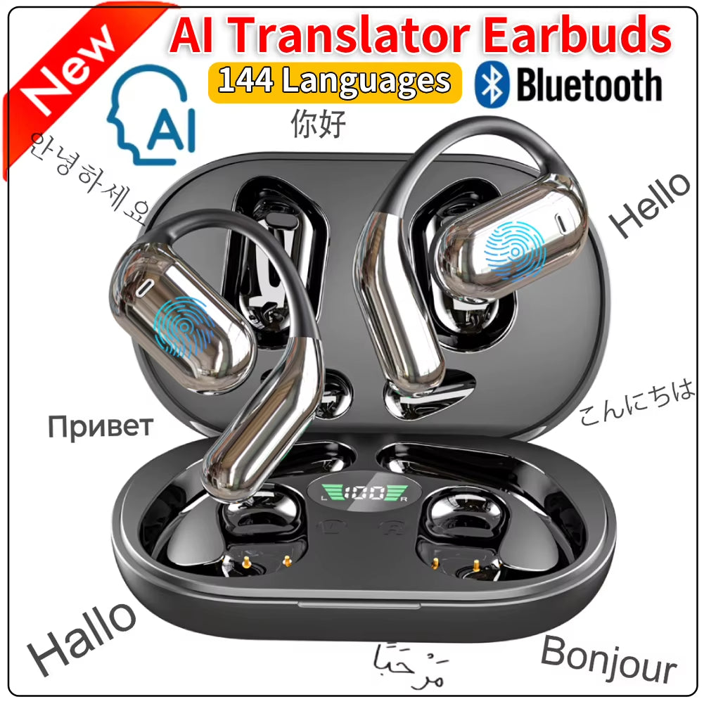 Real-Time AI Translator Earbuds with Noise Reduction and Waterproof Design - Supports 144 Languages, 3-in-1 Functionality for Business Use