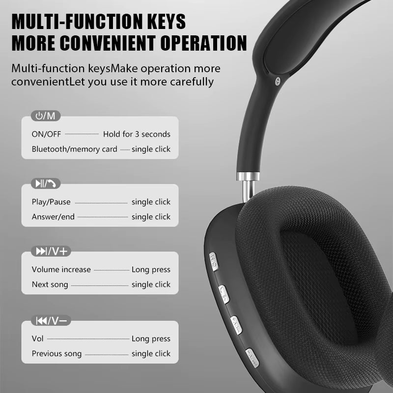 P9 Wireless Bluetooth Noise-Cancelling Headphones with Microphone - Over-Ear Sports Gaming Headset for Apple iPhone