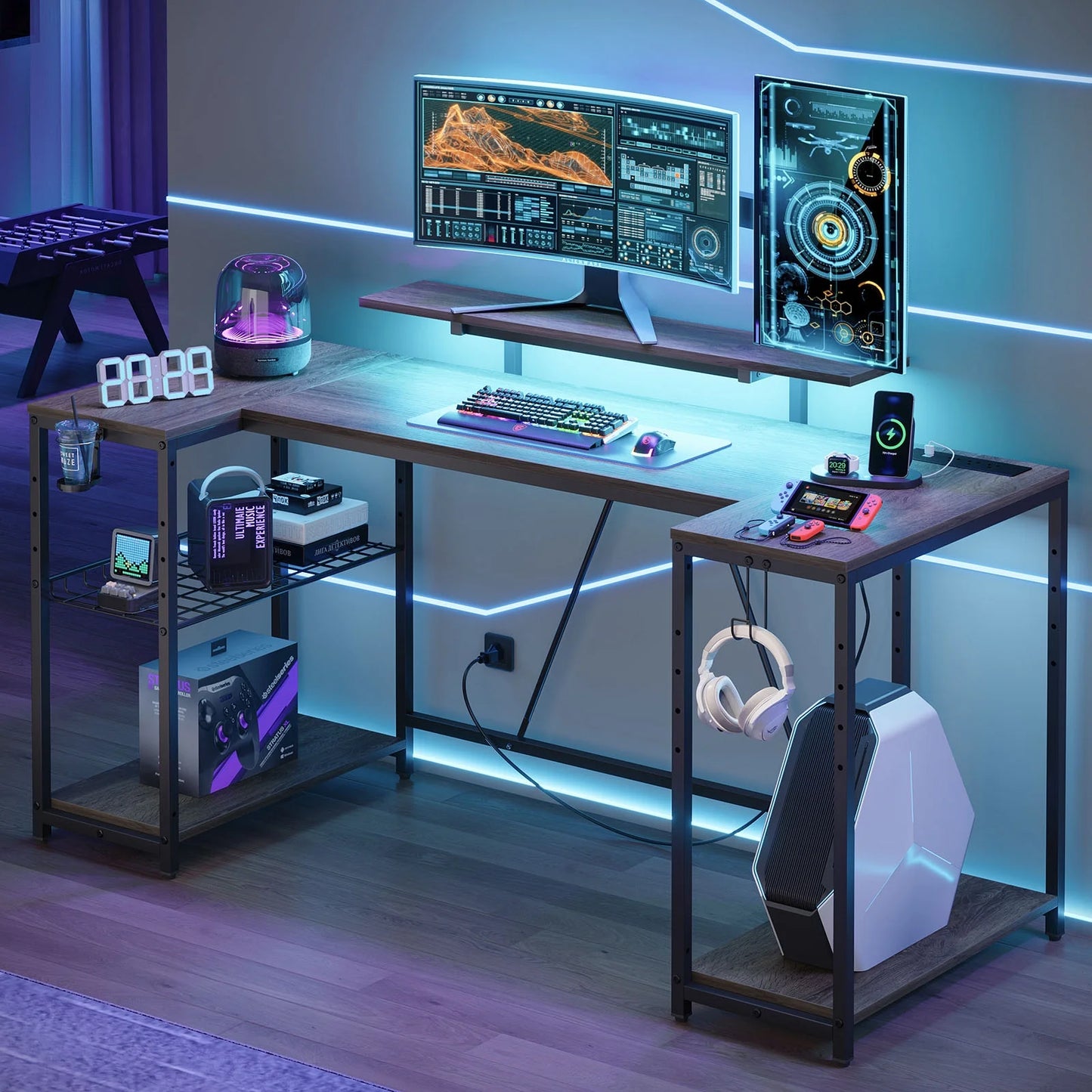 63" Gaming Desk with LED Lights, U-Shaped Computer Desk with Outlets & Monitor Stand, Home Office Desk with Storage Shelves in Grey