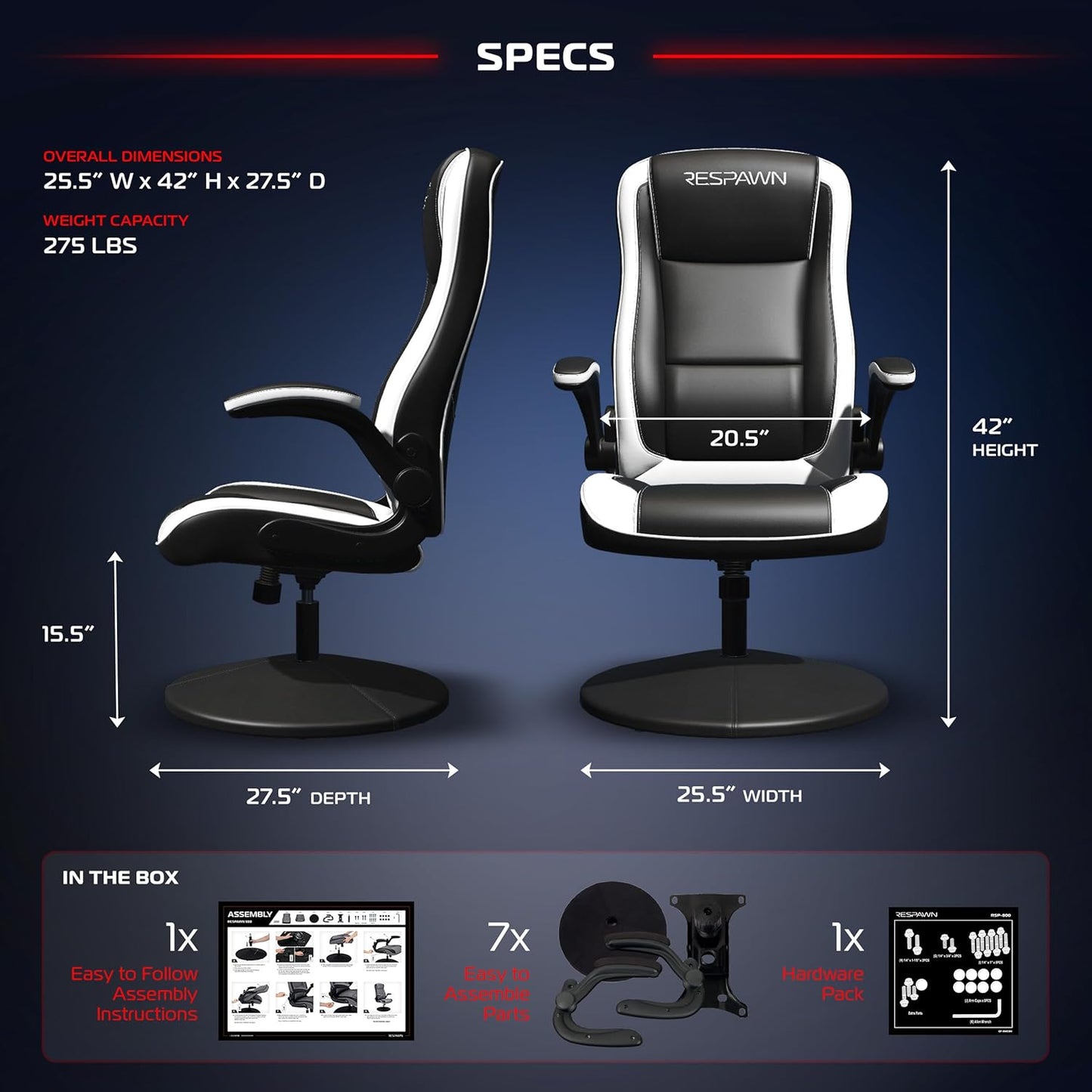 800 Racing-Inspired Gaming Rocker Chair, White RSP 800 BLK WHT