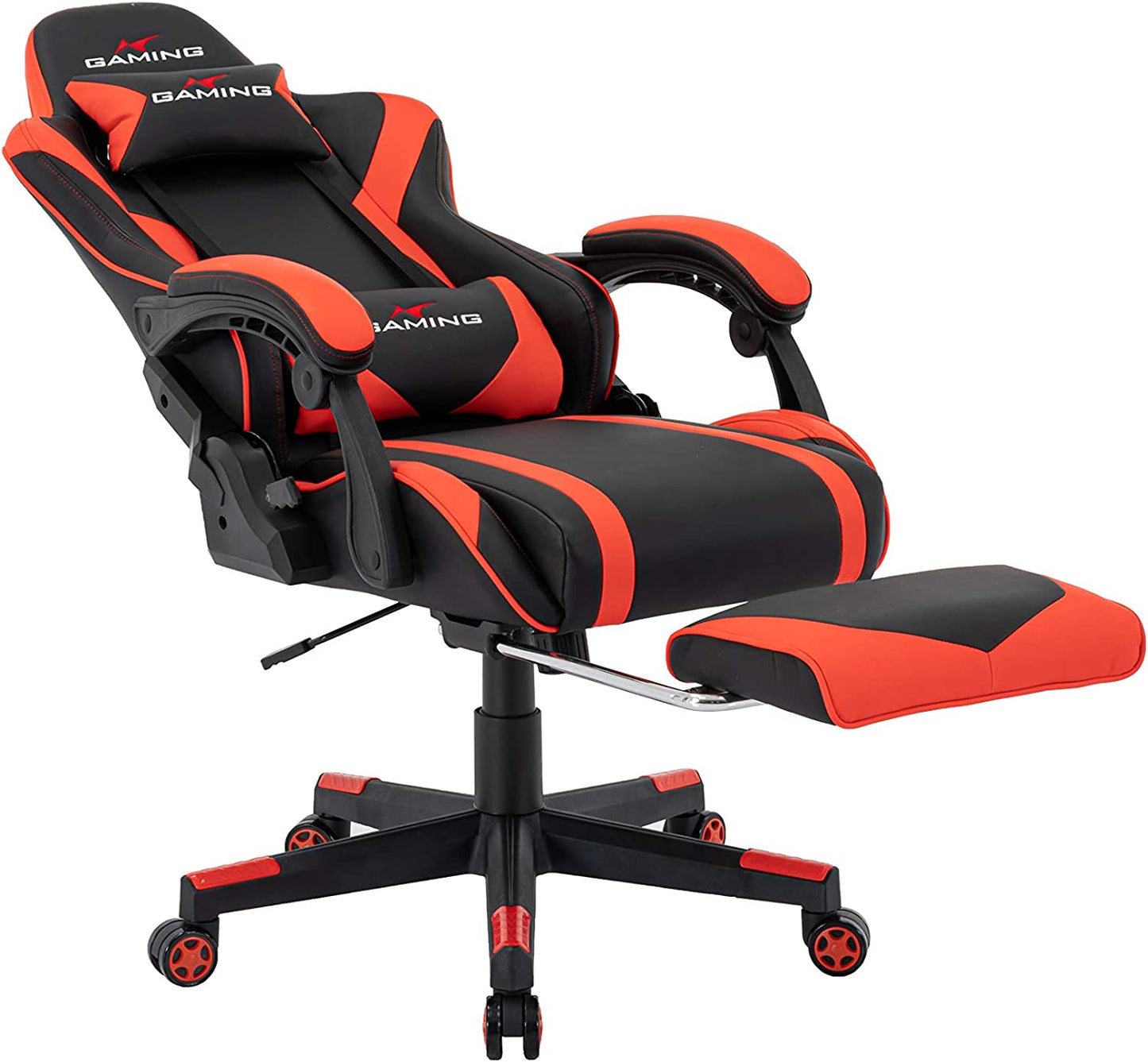 Ergonomic High-Back Swivel Gaming Chair in PU Leather with Headrest, Lumbar Support, Adjustable Armrests, and Retractable Footrest (Commodore - Black/Red)