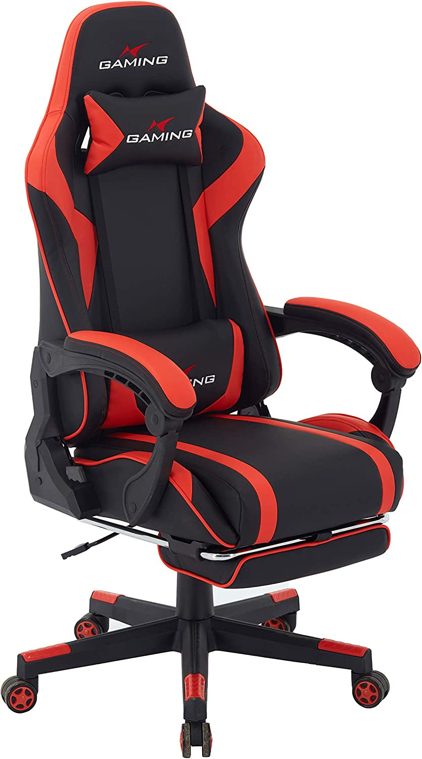 Ergonomic High-Back Swivel Gaming Chair in PU Leather with Headrest, Lumbar Support, Adjustable Armrests, and Retractable Footrest (Commodore - Black/Red)