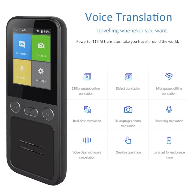 T16 AI Voice Real Time Translator Machine 138 Multi Online Languages Voice-Record 3.1 Inch Big Screen Portable Offline Tradutor