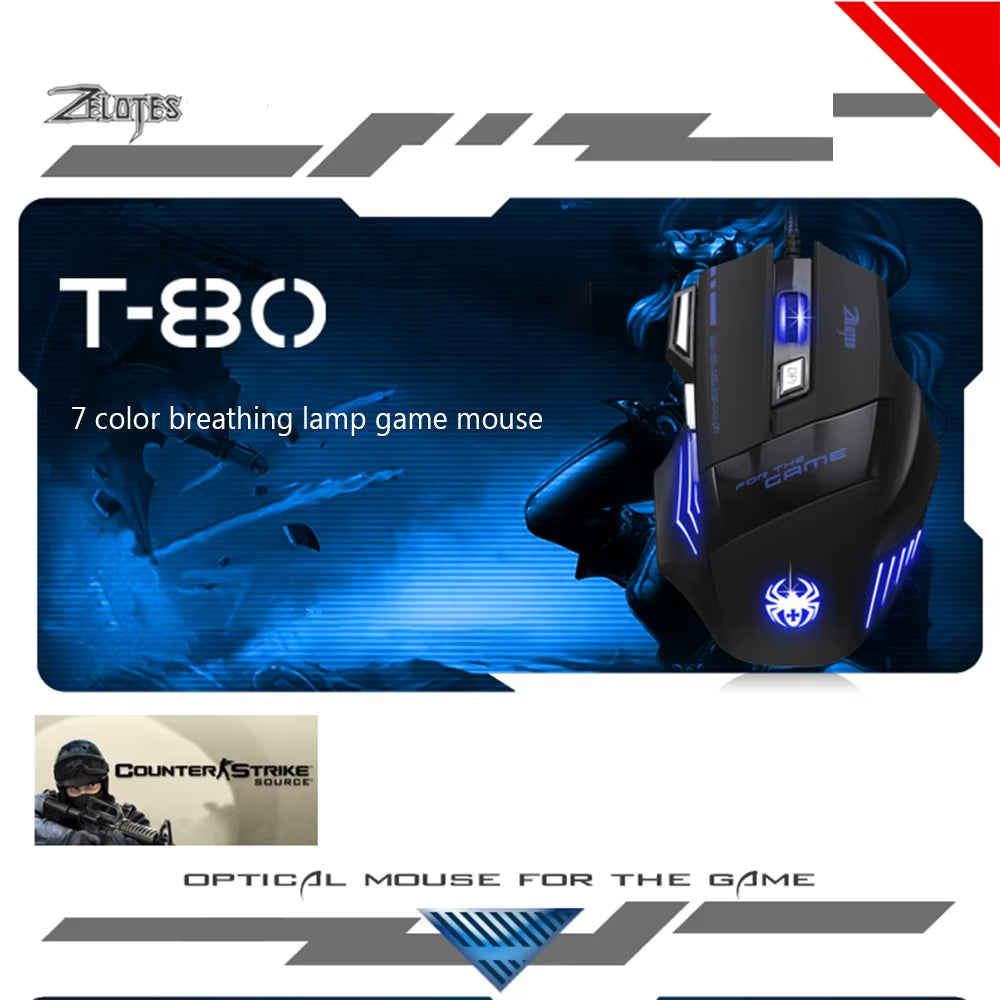 T-80 Professional Gaming Mouse with 7200 DPI, Multi-Color LED Backlight, and 7 Programmable Buttons - USB Wired Design for Competitive Gamers