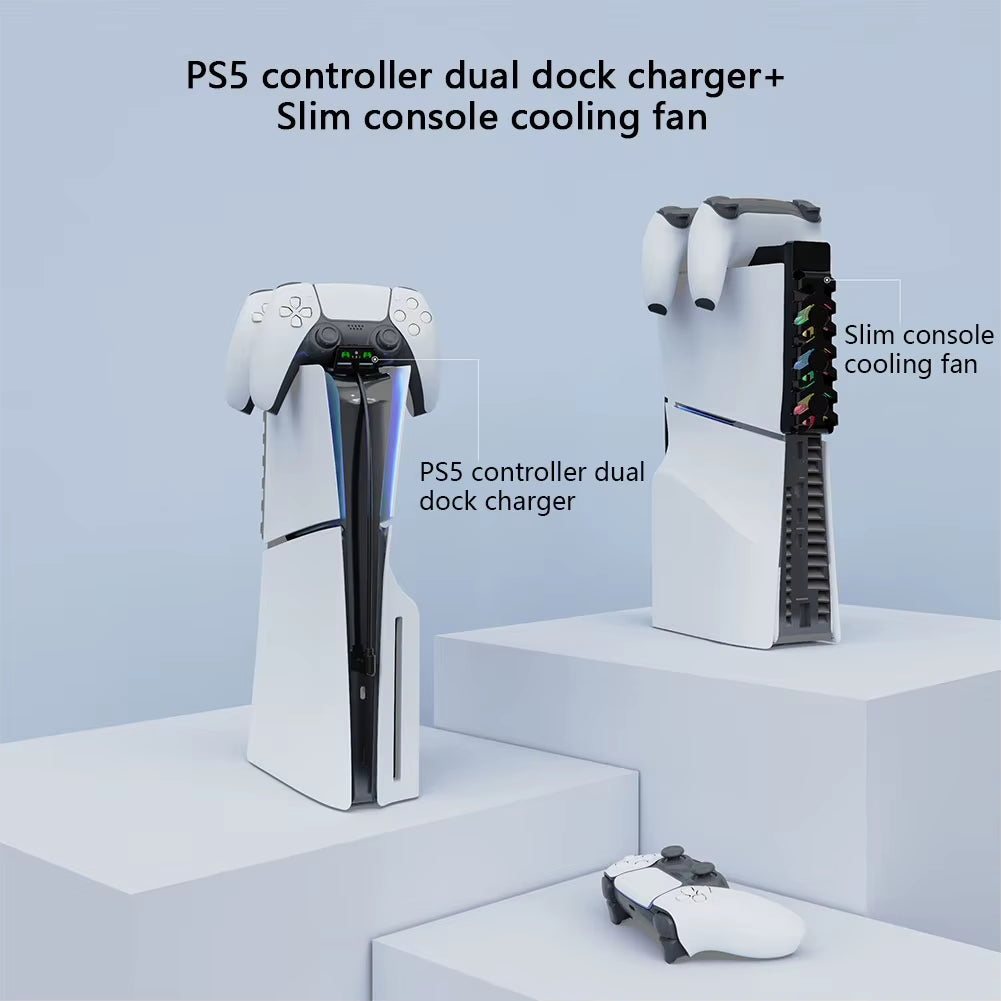 Dual Controller Charging Station with RGB Lighting and Cooling Fan System for PS5 Slim Controllers