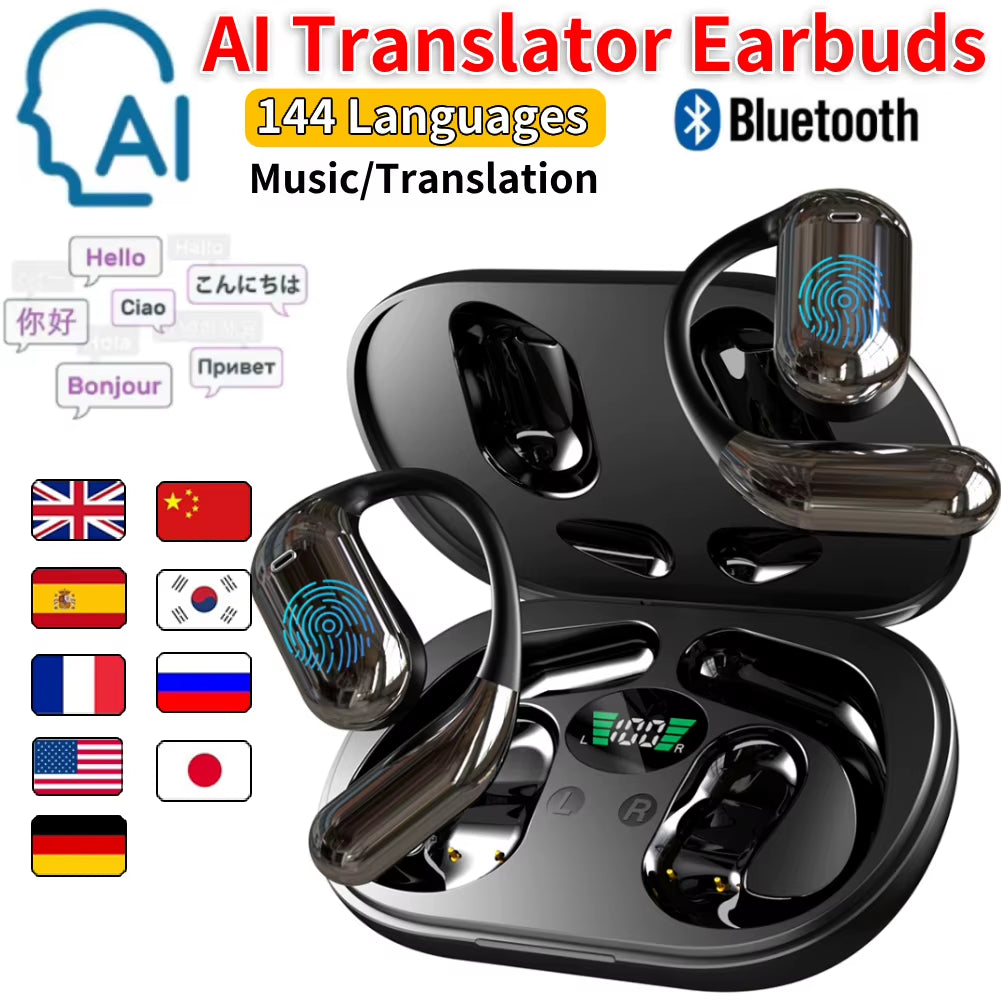 Real-Time AI Translator Earbuds with Noise Reduction and Waterproof Design - Supports 144 Languages, 3-in-1 Functionality for Business Use