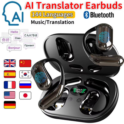 Real-Time AI Translator Earbuds with Noise Reduction and Waterproof Design - Supports 144 Languages, 3-in-1 Functionality for Business Use